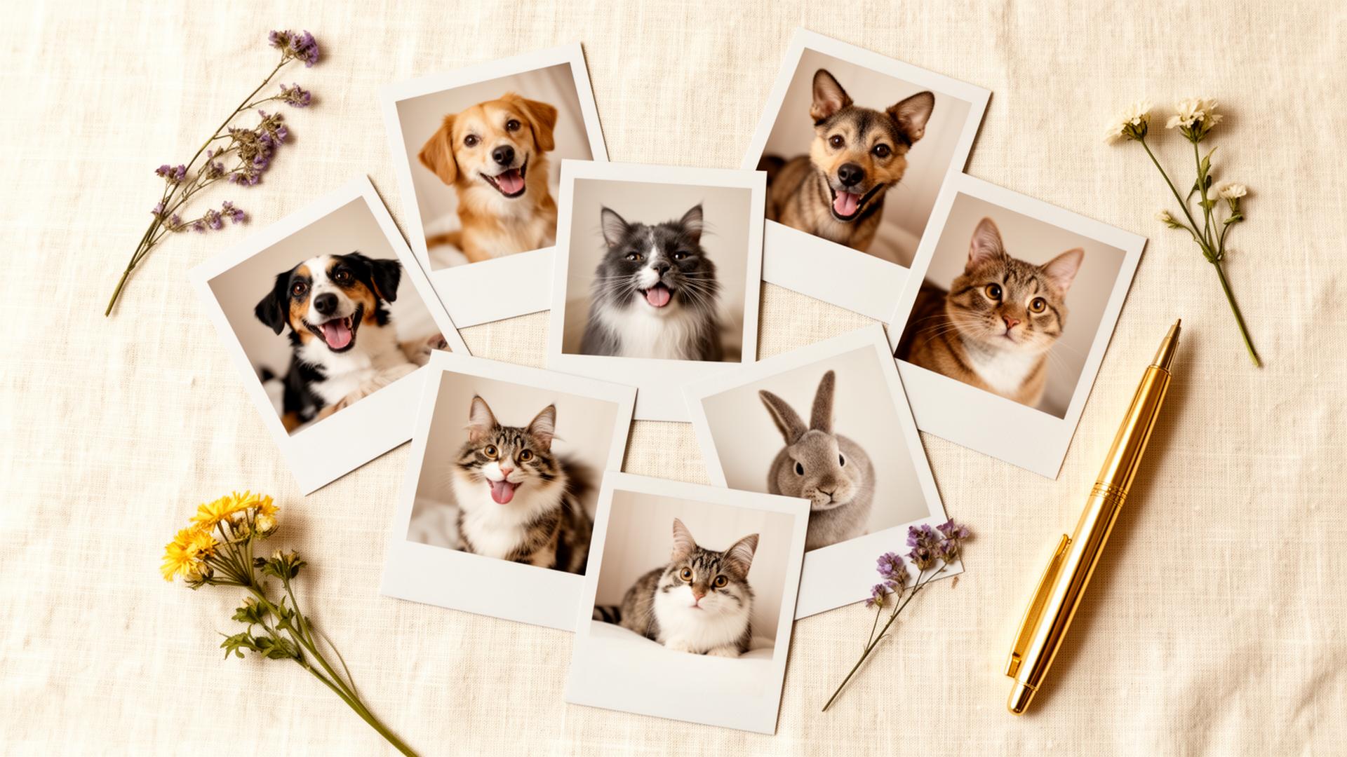 A joyful collage of polaroid pet photos with pressed flowers