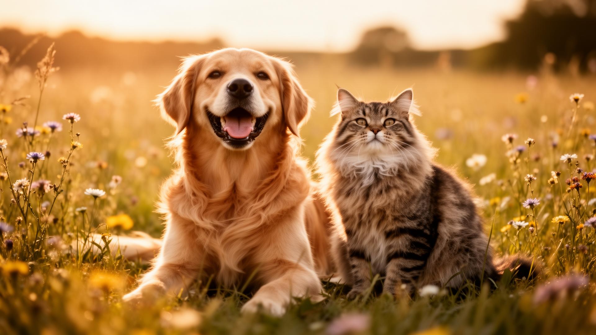 A happy dog and cat together in a sunlit meadow