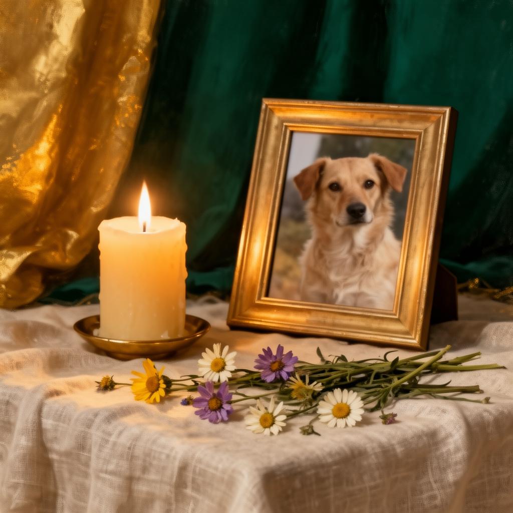A tender memorial still life with candle, framed pet photo, and pressed flowers