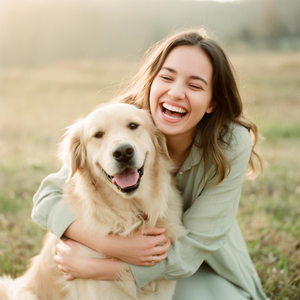 A young woman joyfully hugging her golden retriever