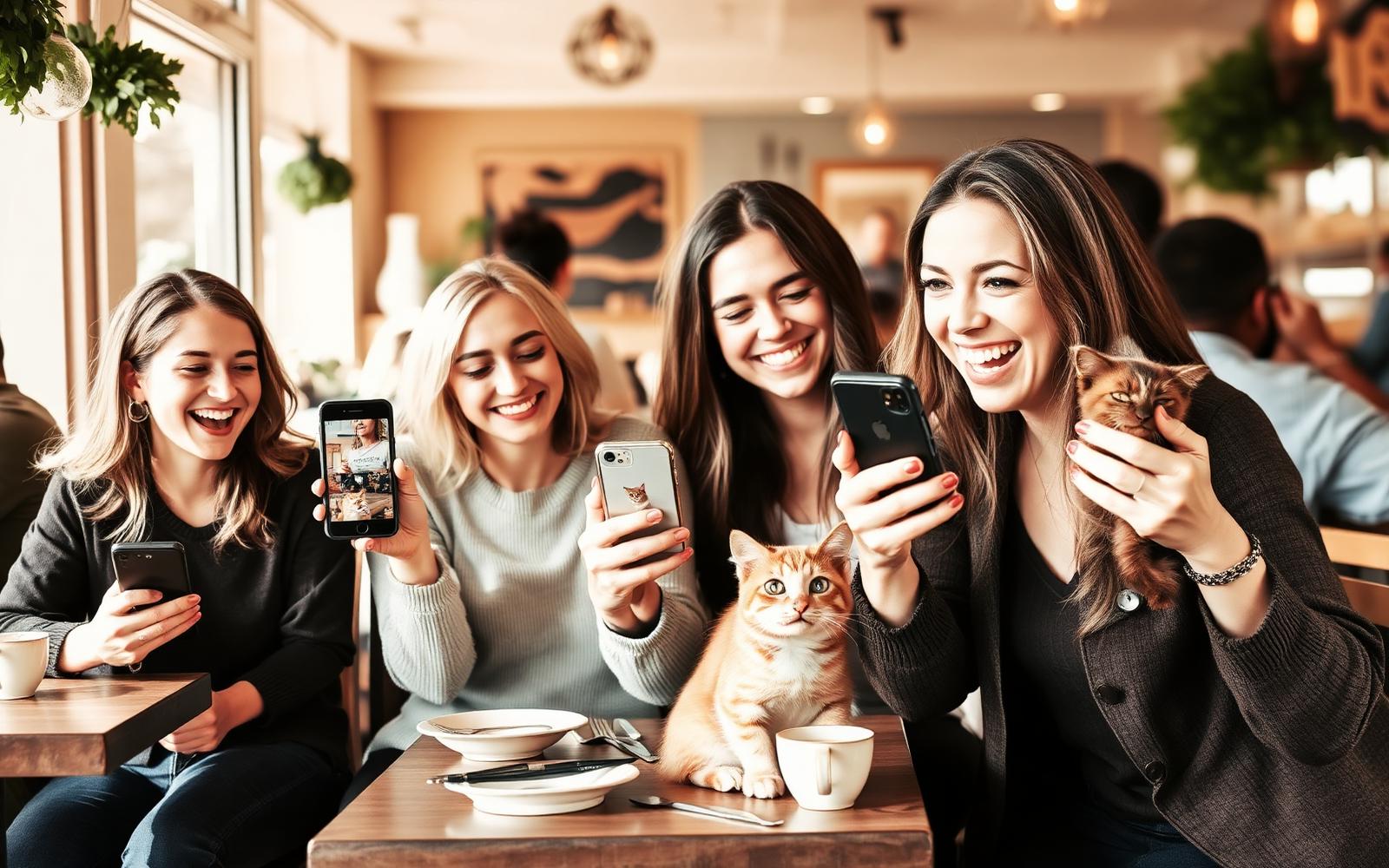 Friends laughing together sharing photos of their pets