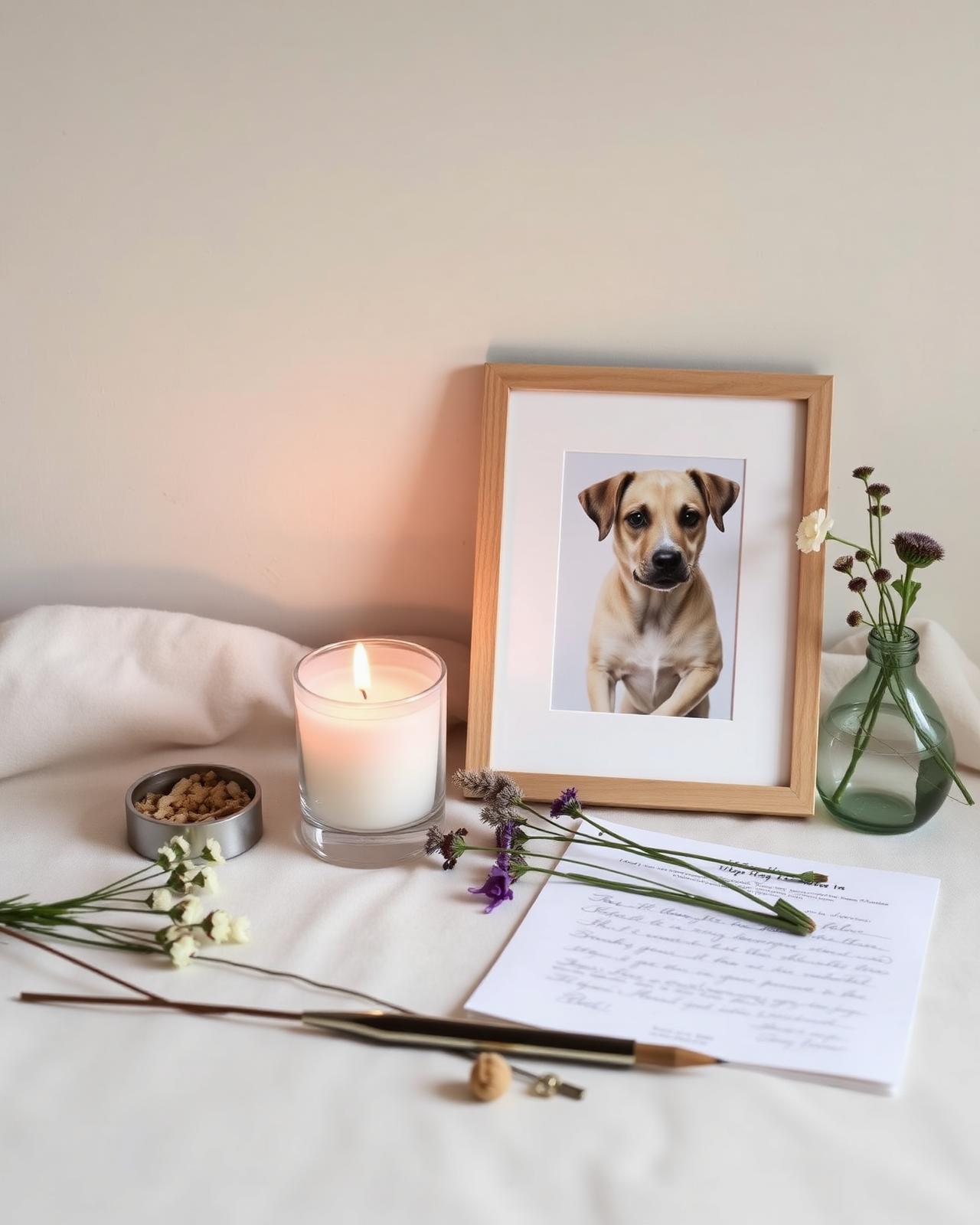 A lit candle beside a framed pet portrait, pressed flowers, and a handwritten note