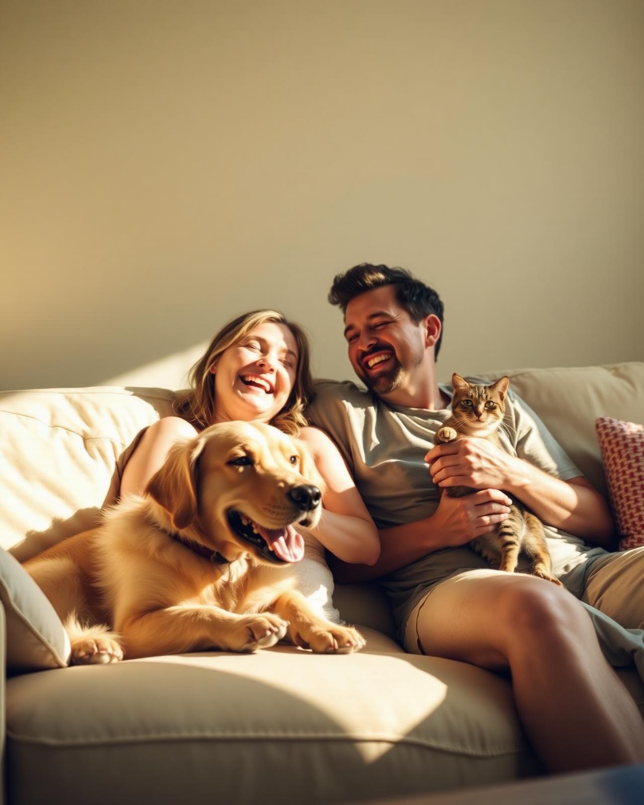 A couple laughing on a sunlit couch with their dog and cat