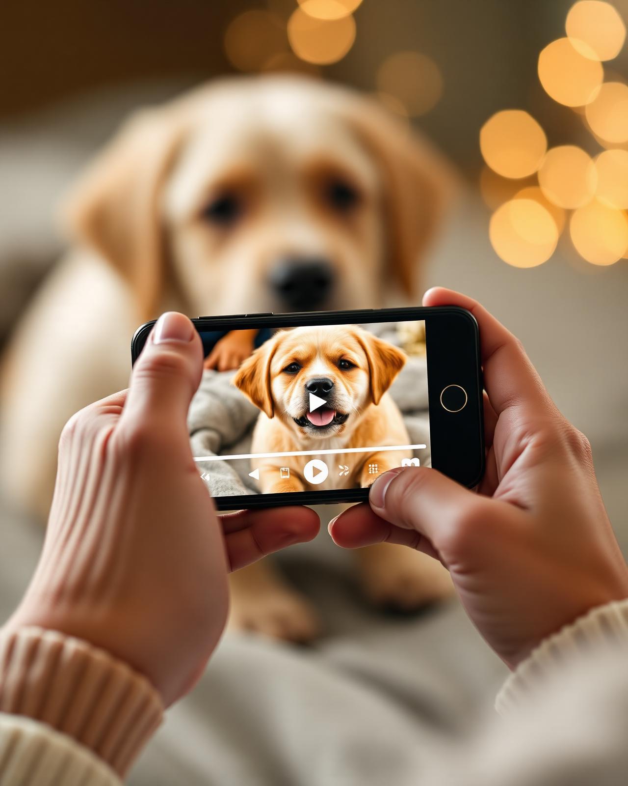 Hands holding a phone playing a beloved pet memory video